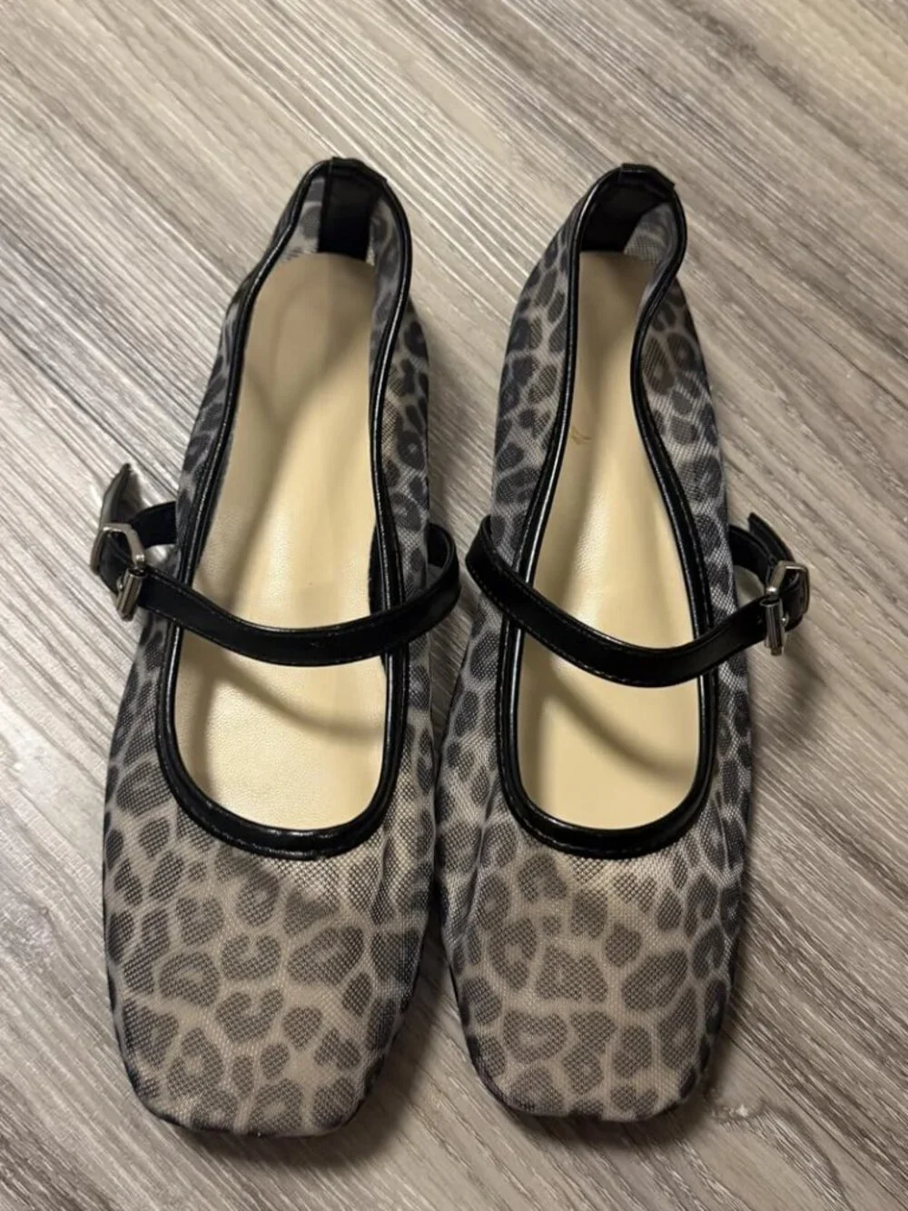 Women's Black Leopard Mesh Square Closed Toe Mary Jane Ballet Flats Shoes